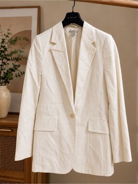 H&M White Linen Blend Blazer – Small | Lightweight Summer Layer